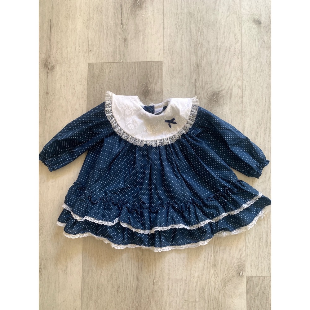 Alexis Vintage Baby Girl Polka Dot Lace Collar Dress Navy Blue 24 Months USA